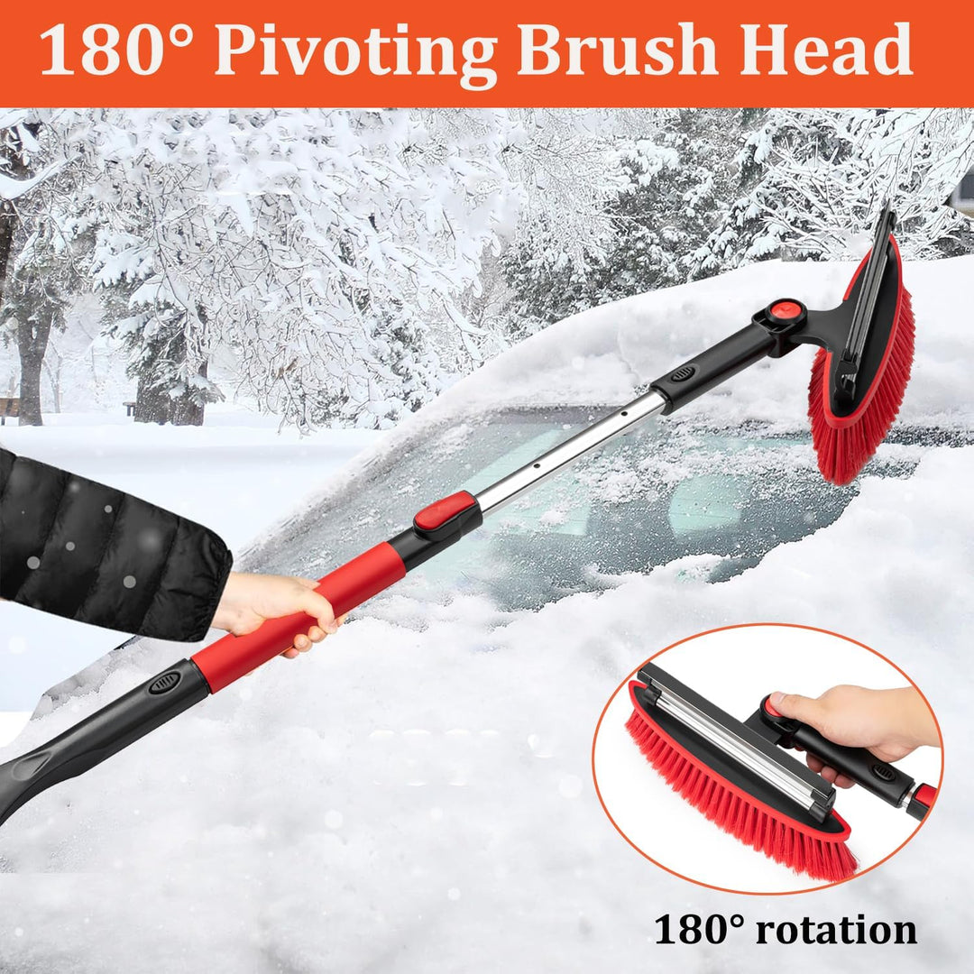 Snow removal tool with a durable handle and wide blade, designed for clearing snow from driveways, sidewalks, and vehicles.