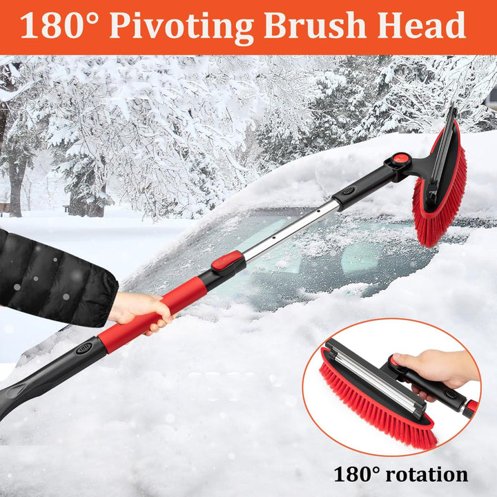 Snow removal tool with a durable handle and wide blade, designed for clearing snow from driveways, sidewalks, and vehicles.