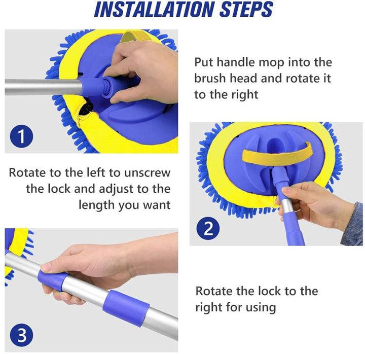 2-in-1 Telescopic Chenille Car Wash Mop w. Removable Wash Mitt (1.75-3.75 ft. Extension) - CarCarez Auto Detailing Products and Car Wash Supplies