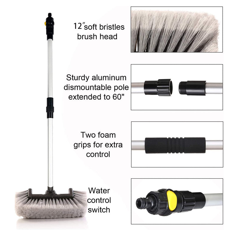 12" Flow-Thru Brush Head w. Adjustable Pole & On/Off Switch (1.3'-5 ft. Extension) - CarCarez Auto Detailing Products and Car Wash Supplies