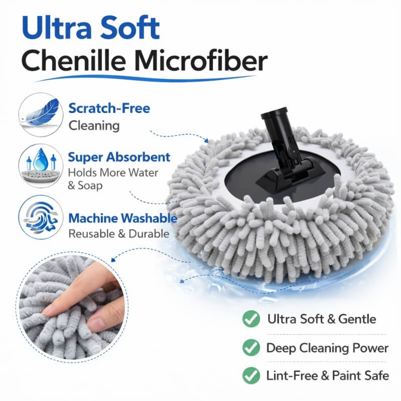 11" Chenille Microfiber Car Wash Mop – Replacement Cover, Base & Full Cleaning Kit