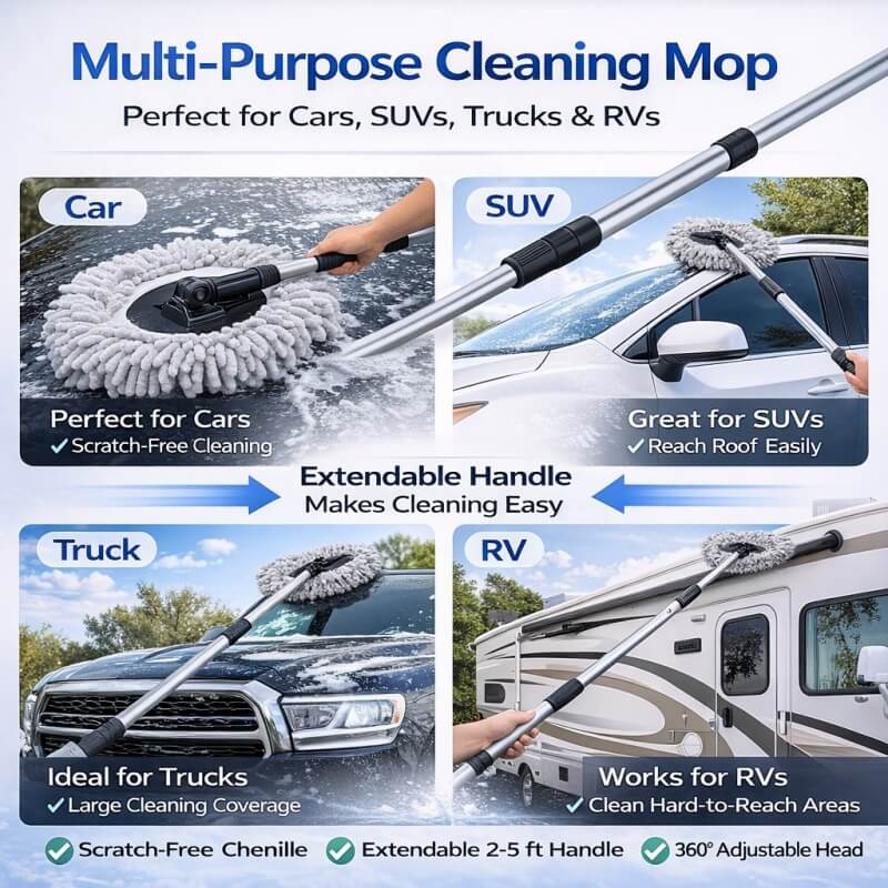 11" Chenille Microfiber Car Wash Mop – Replacement Cover, Base & Full Cleaning Kit
