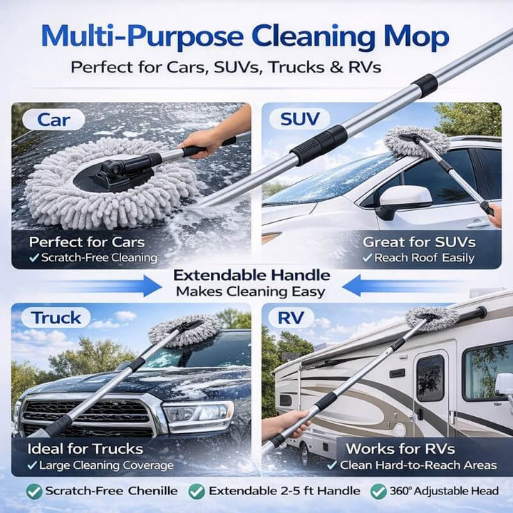 11" Chenille Microfiber Car Wash Mop – Replacement Cover, Base & Full Cleaning Kit