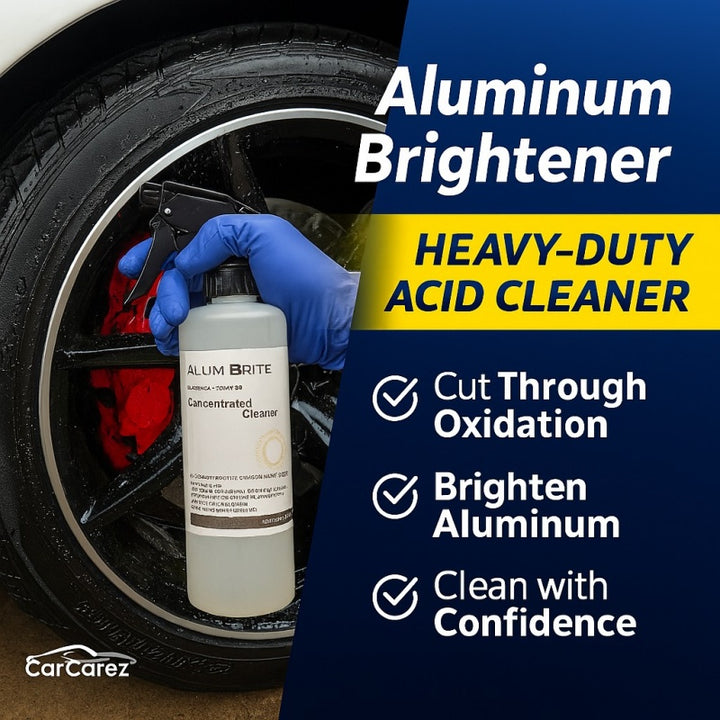 Aluminum brightener spray being used on a car wheel with promotional text and CarCarez branding.