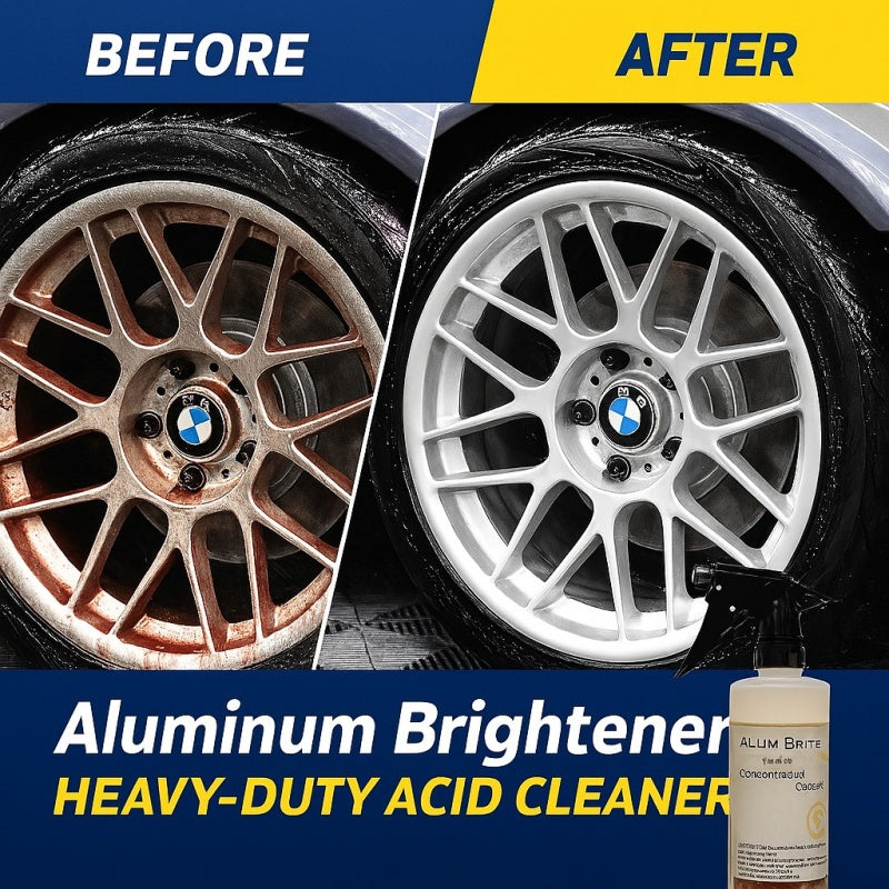 Before and after comparison of a car wheel treated with aluminum brightener and acid cleaner carcarez.