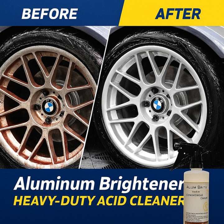 Before and after comparison of a car wheel treated with aluminum brightener and acid cleaner carcarez.