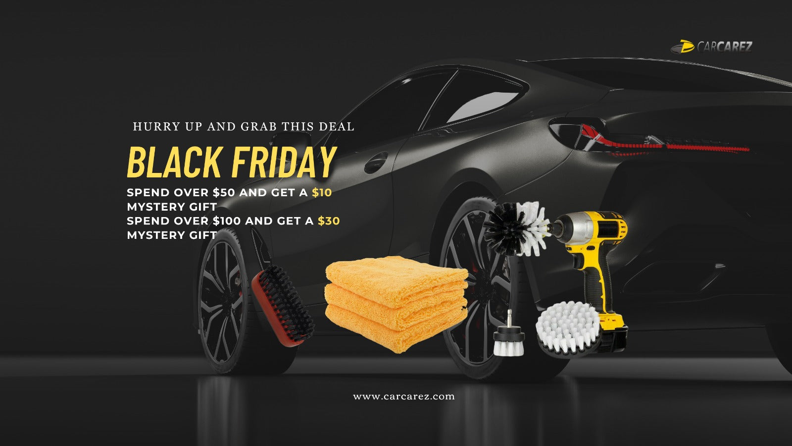 Car care products with a black car and promotional text on a dark background