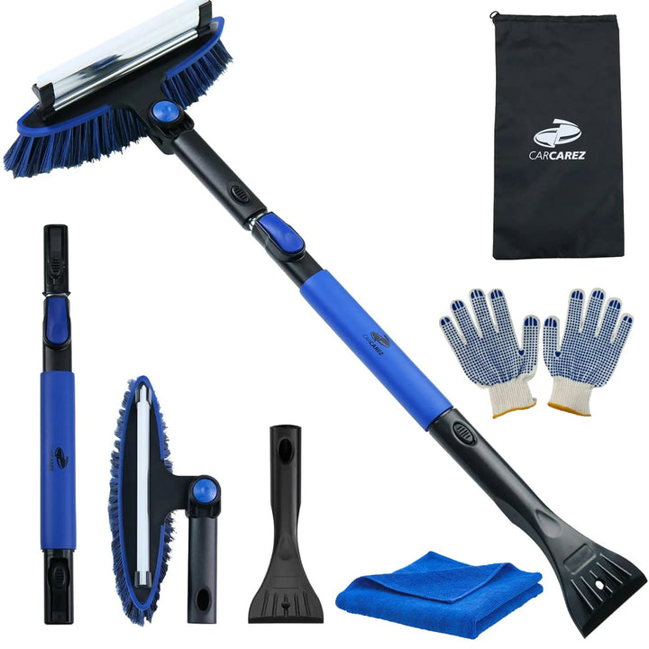 Car cleaning tool set with squeegee, brush, gloves, and towel on a white background
