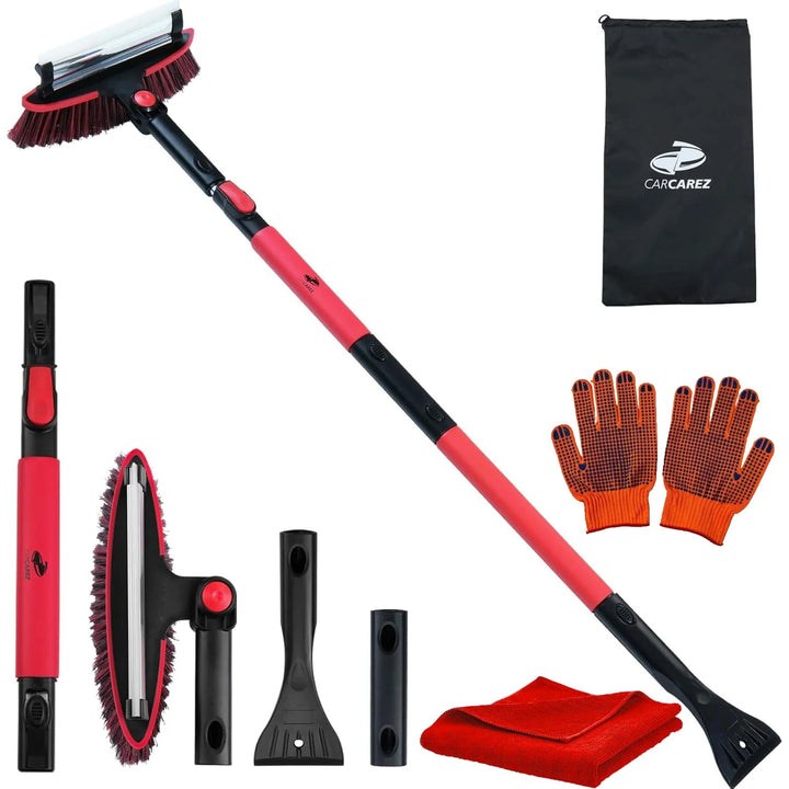 Car cleaning tool set with squeegee, brush, gloves, and towel on a white background