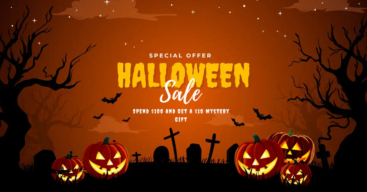 Halloween sale advertisement with pumpkins, graves, and bats on an orange background