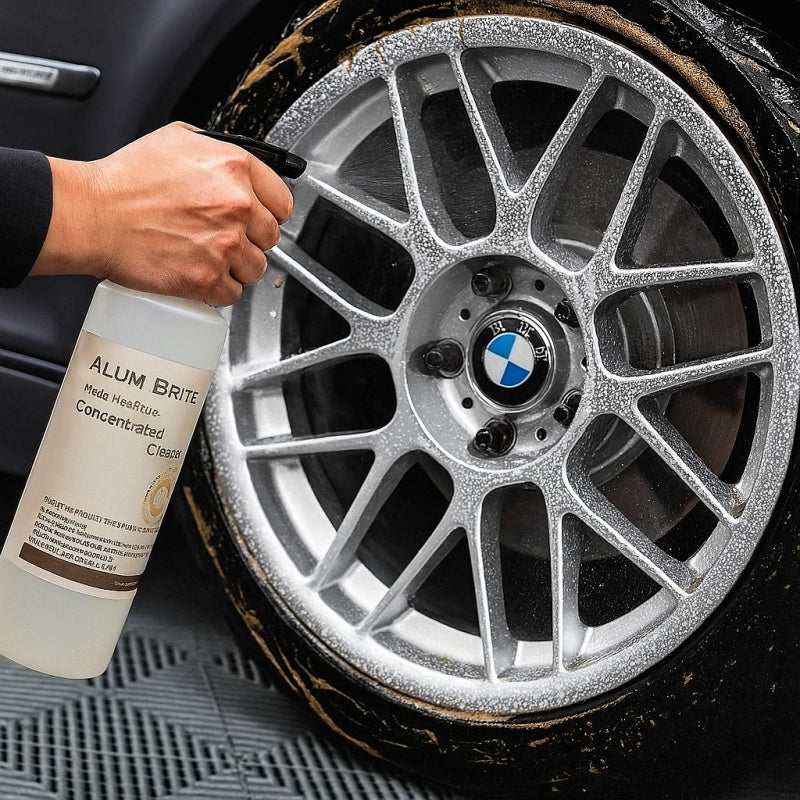 Person cleaning a car wheel with Alum Brite cleaner