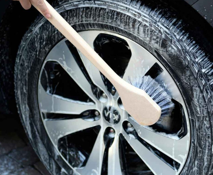 With carcarez Long Handle Feathered Bristle Scrub Brush cleaning car tire