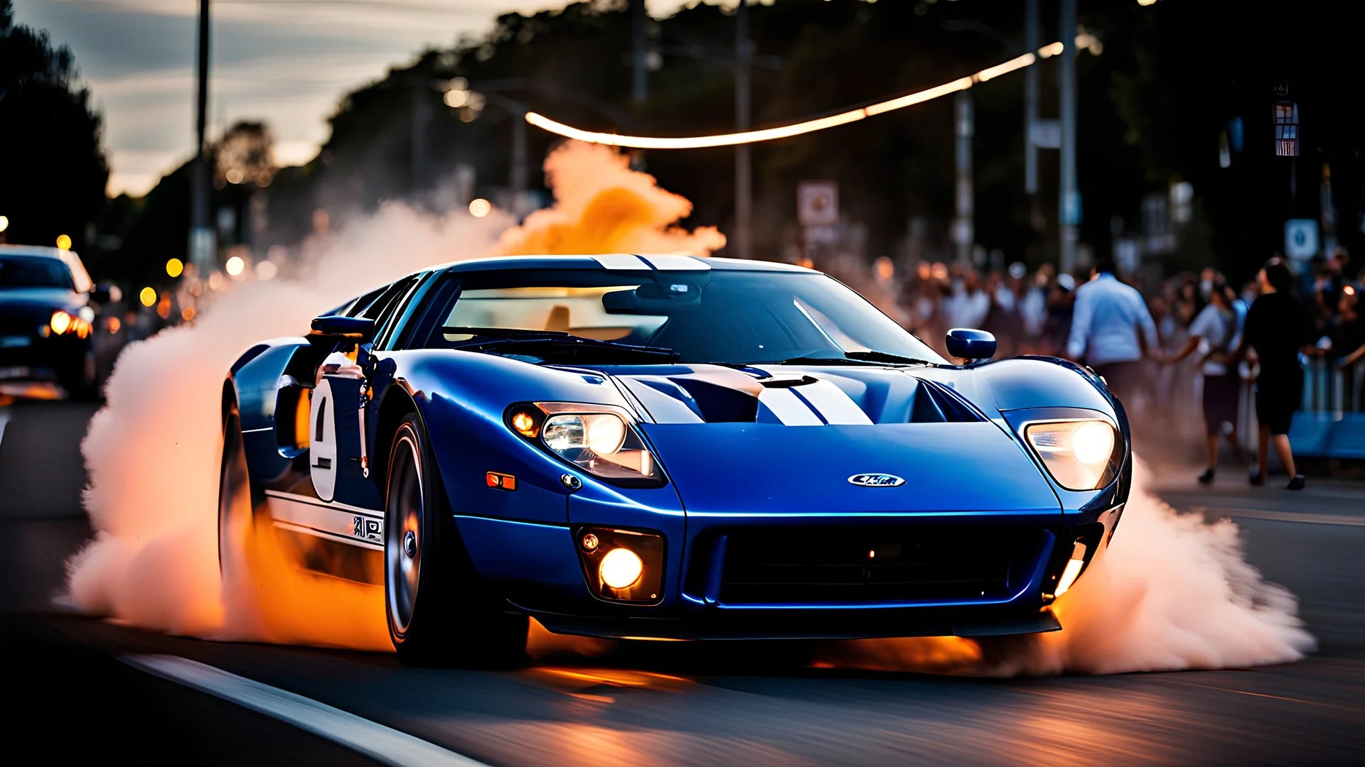car crash,exploding parts, blue ford gt, low angle shot, speeding ,super fast,panning, woman driving, light beams, Buenos Aires, spring, a perfectly timed photo of a fiery car crash, cinematic,bokeh lights, leica m6, 24mm f/1.4, 8k, sunset, dark, kodak film style, c-log