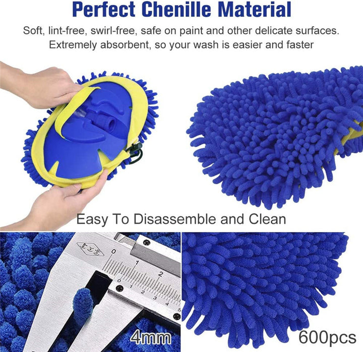 2-in-1 Telescopic Chenille Car Wash Mop w. Removable Wash Mitt (1.75-3.75 ft. Extension) - CarCarez Auto Detailing Products and Car Wash Supplies